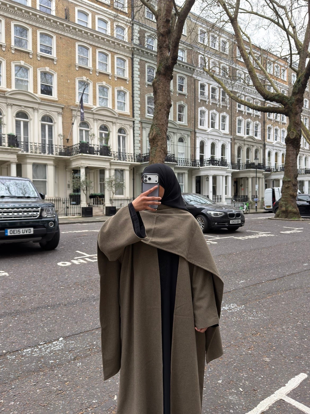 Abaya coat with attached scarf khaki
