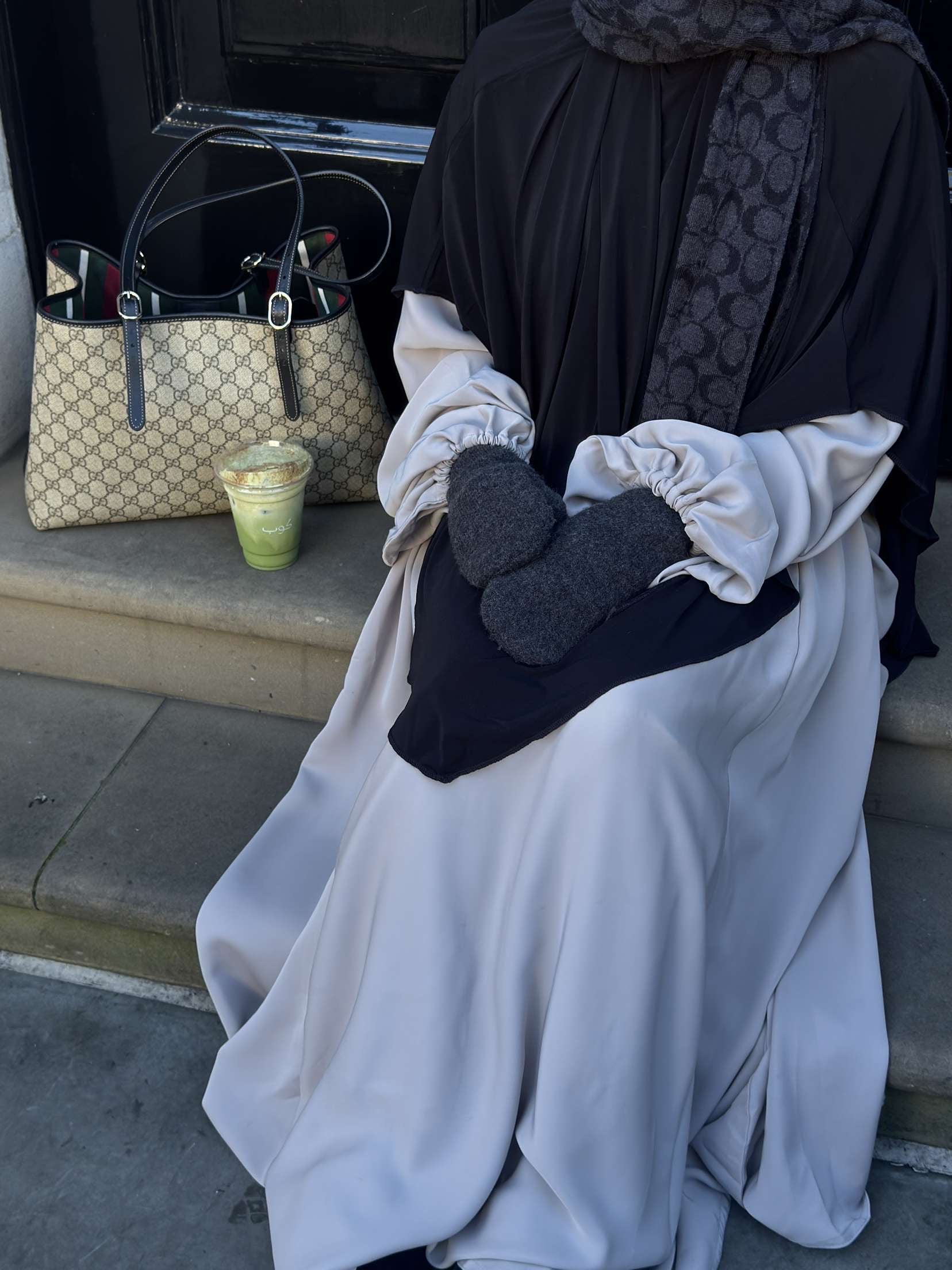 Stone grey balloon sleeve abaya