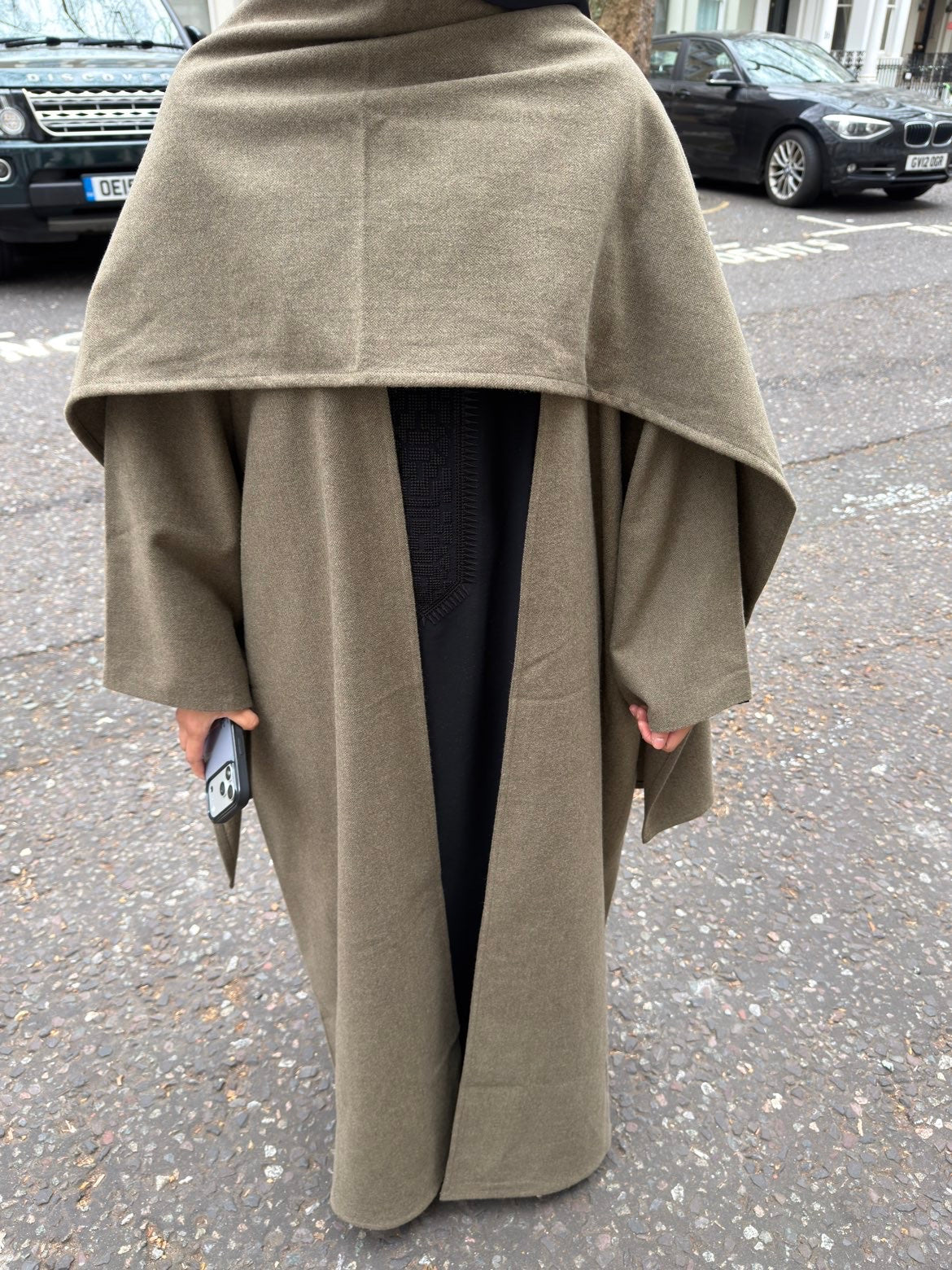 Abaya coat with attached scarf khaki