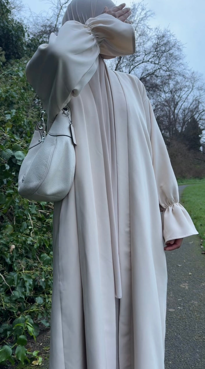 Ruffle sleeve open abaya in cream