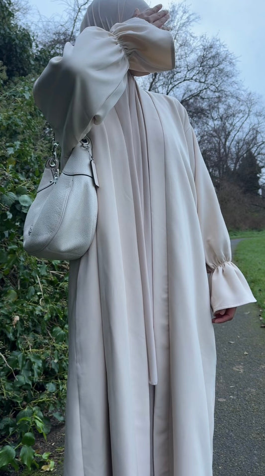 Ruffle sleeve open abaya in cream