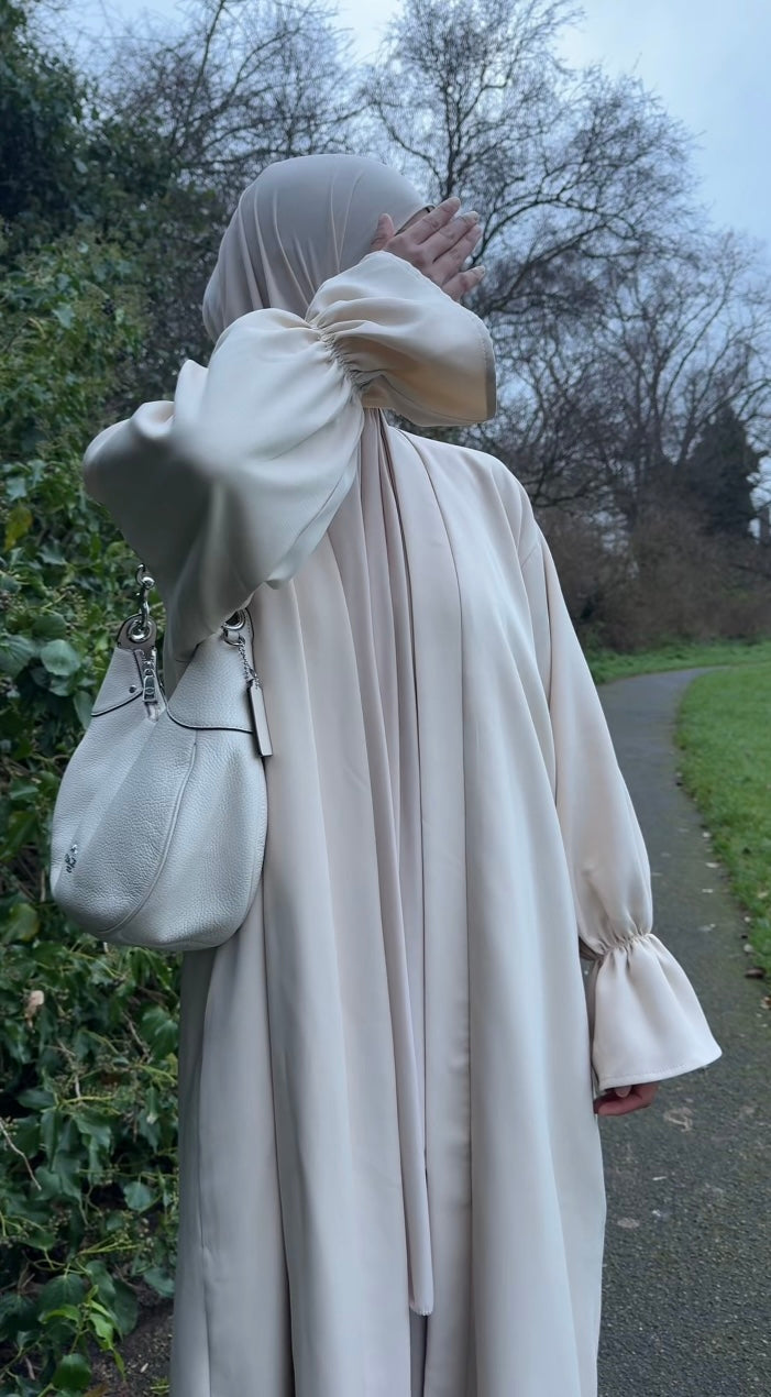 Ruffle sleeve open abaya in cream