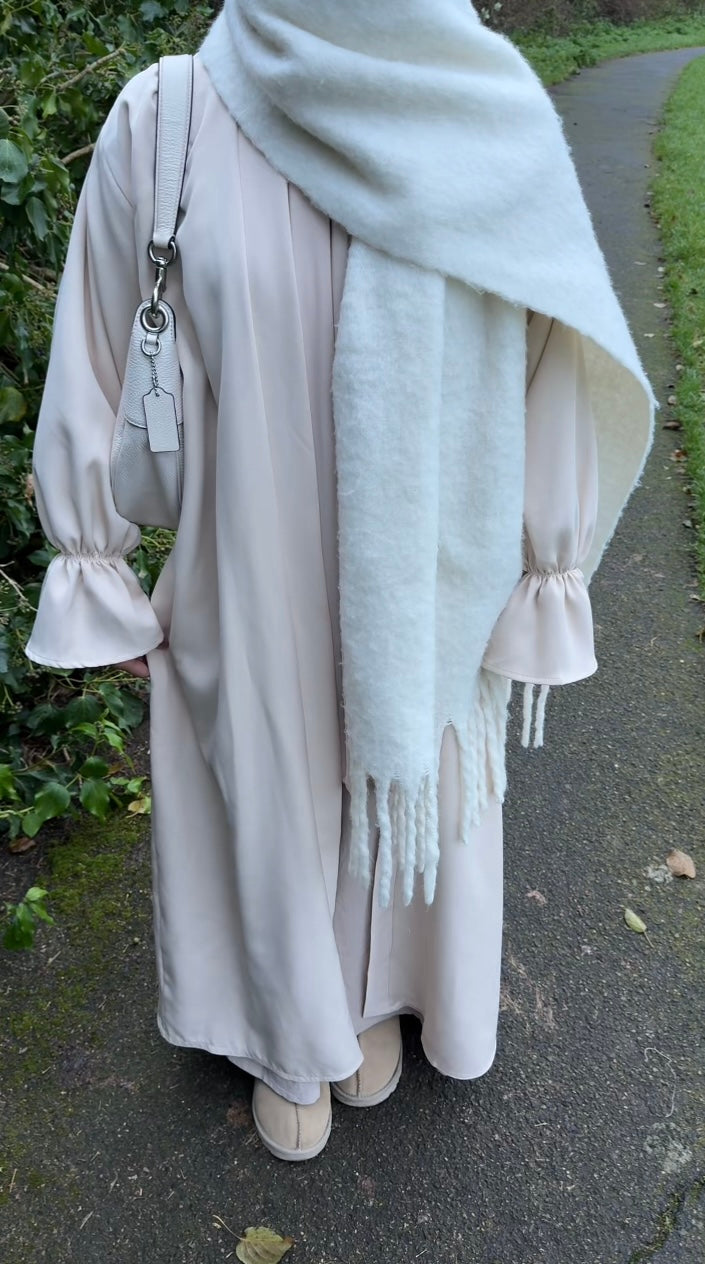 Ruffle sleeve open abaya in cream