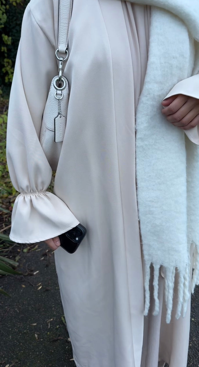 Ruffle sleeve open abaya in cream