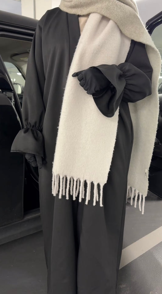 Ruffle sleeve open abaya in black